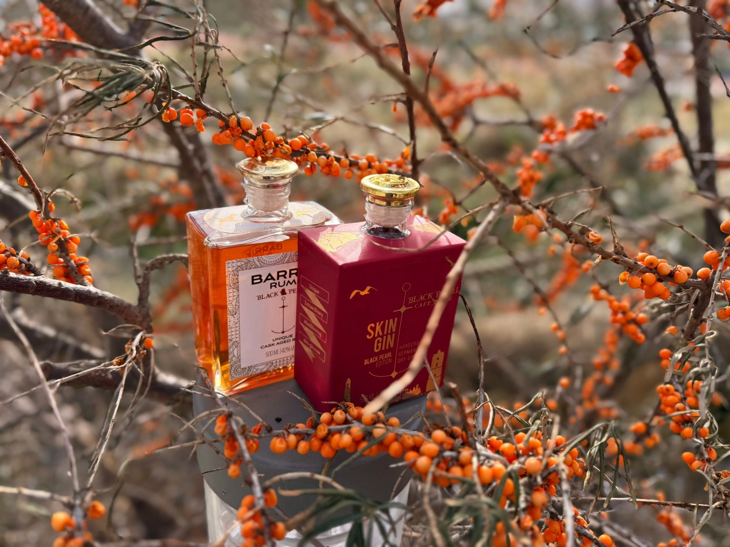 Black Pearl – Restaurant – Das Bild zeigt zwei Flaschen Gin und Rum der Marke Barr.