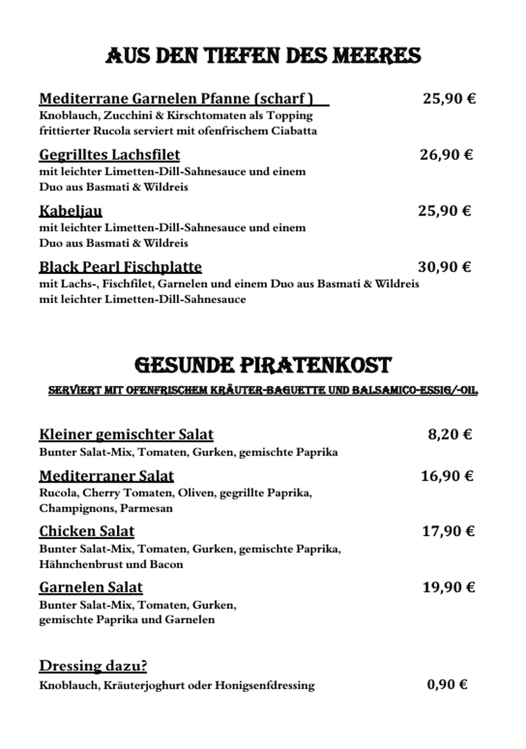 Black Pearl – Restaurant – Speisekarte